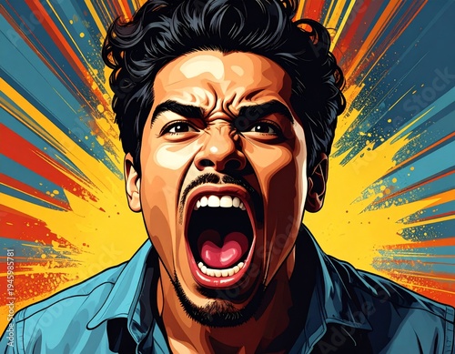 Man yells in a colorful background with bright colors and strong emotions visible on his face