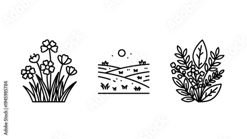 Nature and environment landscape icon set with garden flowers rolling hills and botanical plant elements