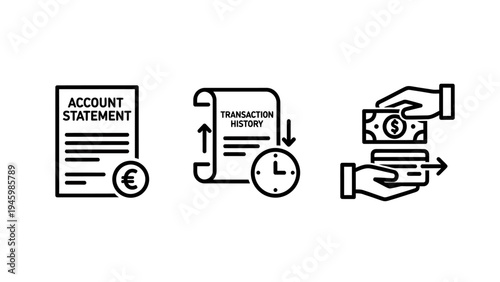 Banking services icons for financial account statement transaction history and credit card payment methods