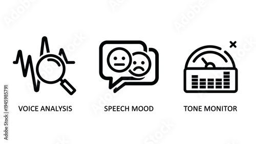 Voice recognition and speech analysis icon set with sentiment monitoring and audio waveform wave tracking