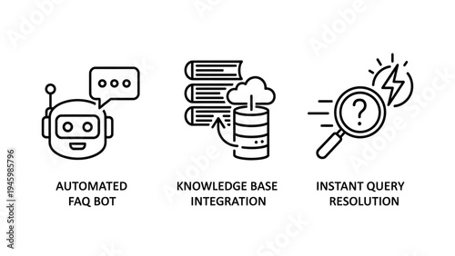 Artificial intelligence support icons featuring automated faq bot knowledge base and instant query resolution