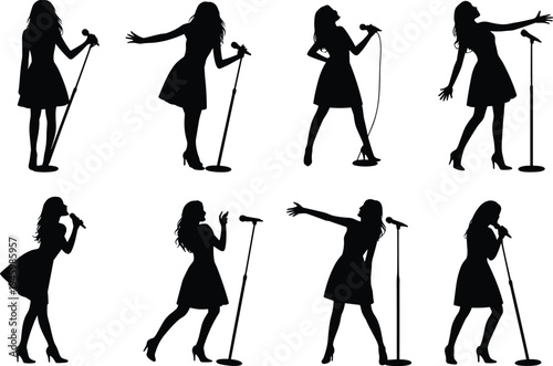 Collection of female singer silhouettes performing with microphone and stand, dynamic stage poses set isolated on white, music performance vector illustration for stock