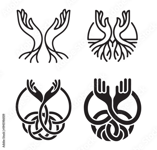 Hands with Tree Roots Minimalist Logo Set for Growth and Unity