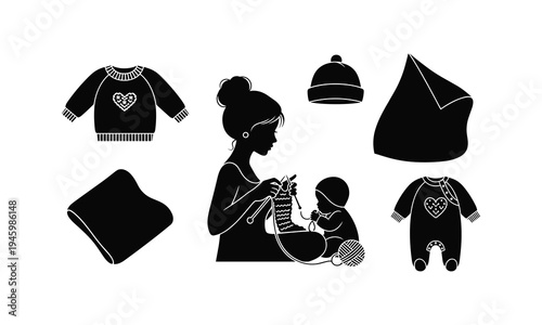 Mother knitting baby clothes with handmade garments displayed around her