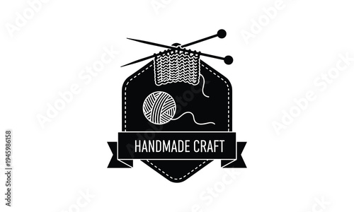 Handmade craft logo featuring knitting needles and yarn