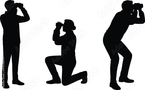 People using binoculars silhouettes collection showing standing, kneeling and observing poses isolated on white background, scouting and exploration vector illustration set