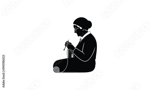 Elderly person knitting with a focused and calm demeanor in a simple illustration