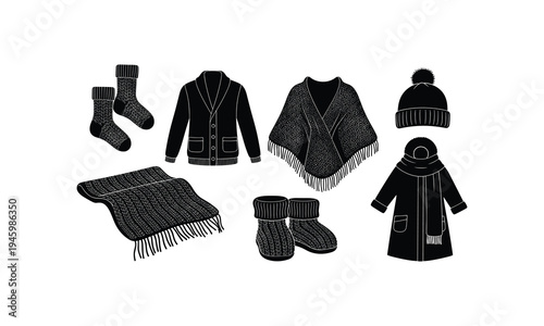 Winter clothing and accessories illustrated in a monochromatic style