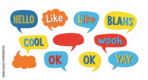 Colorful speech bubbles displaying various positive and affirmative words isolated on transparent background