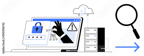 Cybersecurity concept. Cybersecurity with a laptop screen showing lock and key symbols, server stack, warning icons, and cloud upload. Cybersecurity for data protection, IT systems, business, online