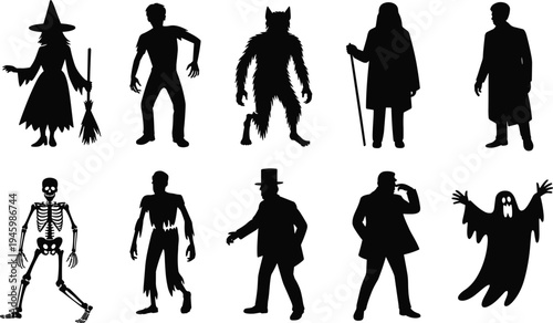 Halloween Monster Silhouette Vector Set with Witch, Zombie, Werewolf, Skeleton, and Ghost for Spooky Holiday Party Decorations and Horror Design