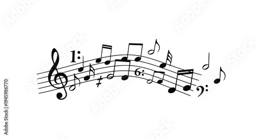 Elegant musical notes flowing on a treble clef staff with rhythmic symbols isolated on transparent background