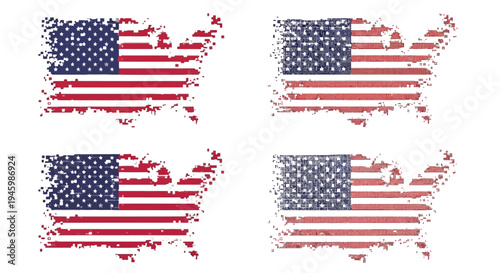 Four vintage us flags with stars and stripes in different conditions isolated on transparent background