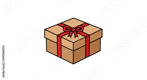 A brown gift box with red ribbon.
