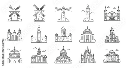 Historical icons representing various professions and activities from different eras isolated on transparent background