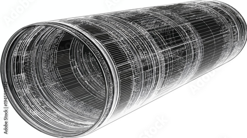 A grayscale, three-dimensional, abstract illustration of a cylindrical, geometric object with detailed internal structure
