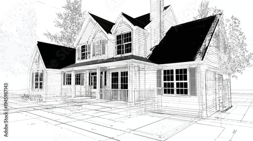 Monochrome sketch-style rendering of a residential house with a detailed exterior and outline
