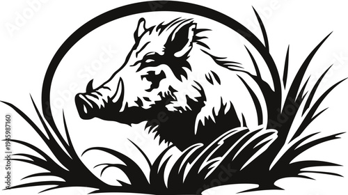 A stylized illustration features a wild boar in profile, encompassed by a circular frame and grass