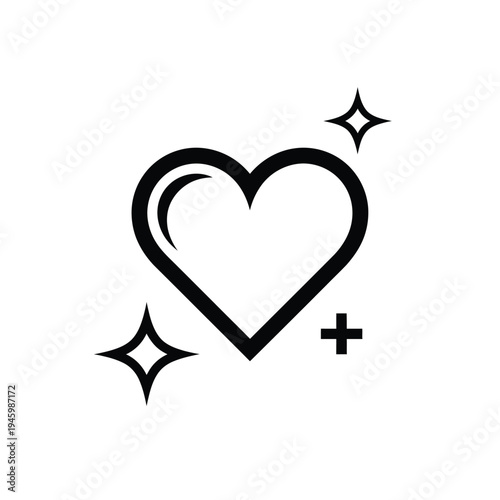 A black heart symbol with sparkles and a plus sign