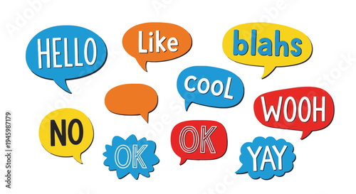 Speech bubbles expressing various positive and negative emotions in vibrant colors isolated on transparent background