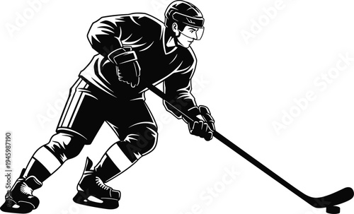 Black and white male ice hockey player skating with stick and puck