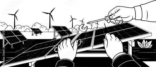 Technician Hands Repairing Solar Panel on Sustainable Green City Rooftop, Renewable Energy and Eco-Friendly Technology, Professional Maintenance in Smart City