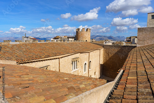 Panoramic Rooftop View from the Castello dei Conti di Modica overlooking the Alcamo Cityscape and Distant Sicilian Mountains