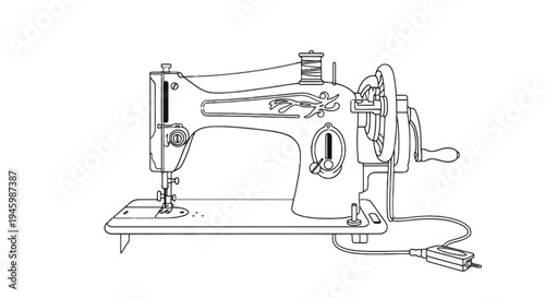 Vintage sewing machine with wooden base and metal components isolated on transparent background