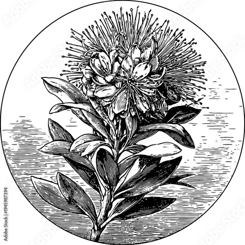 Intricate botanical illustration of a flowering plant in a circular frame, high contrast, black and white style