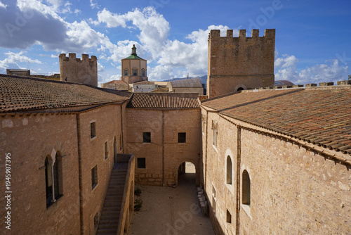 Panoramic Rooftop View from the Castello dei Conti di Modica overlooking the Alcamo Cityscape and Distant Sicilian Mountains