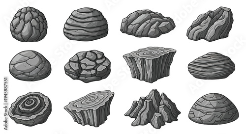 A collection of rough and varied mineral crystals in monochromatic tones isolated on transparent background