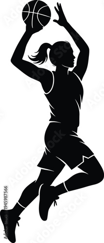 Black silhouette of a female basketball player jumping with ball woman girl