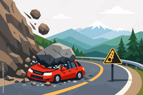Red car crushed by a massive boulder during a rockfall on a winding mountain road. Flat vector illustration of a dangerous landslide accident with falling rocks, warning sign, and mountains.