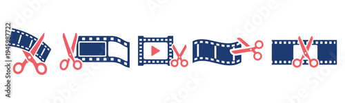 Video editing film strip and scissors icon set