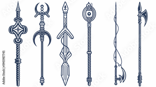 Black and white illustration of various fantasy weapons on a white background