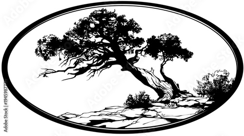 A monochrome illustration of a windswept tree within an oval frame, in a silhouette style