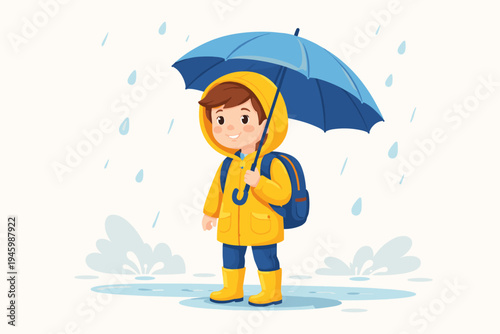 Little Boy in Yellow Raincoat and Boots Holding a Blue Umbrella in the Rain, Cute Schoolboy with Backpack Walking Outside in Rainy Weather, Flat Vector Illustration for Kids Education and Seasonal