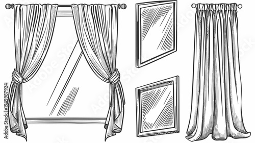 Hand-drawn monochrome illustration of window, mirrors, and curtains. Detailed artwork