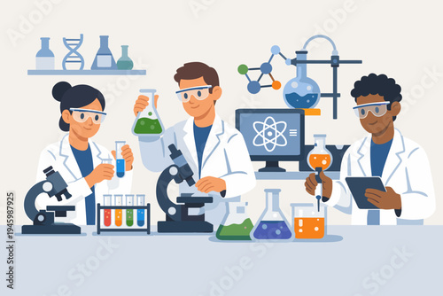 Diverse team of scientists working in a modern laboratory with microscopes, beakers, and test tubes. Flat vector illustration of researchers conducting experiments, chemical analysis, and STEM.
