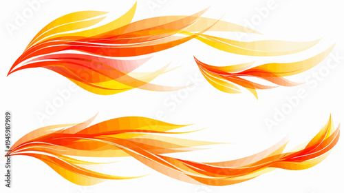 Abstract composition of orange and yellow wavy shapes resembling fire or flames against white