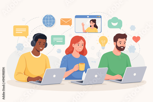 Diverse Team of Professionals Working on Laptops and Communicating Online via Video Call, Chat, and Email, Representing Remote Work, Global Connectivity, and Digital Collaboration Concept