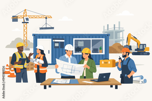 Construction Site with Diverse Engineers and Architects Reviewing Blueprints near a Container Office, Featuring a Crane, Excavator, and Building Under Development, Flat Vector Illustration.