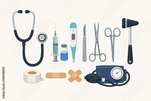 Comprehensive Set of Medical Instruments and Doctor Tools in a Flat Vector Illustration Style, Including Stethoscope, Syringe, Thermometer, Scalpel, Scissors, Reflex Hammer, and Blood Pressure Monitor
