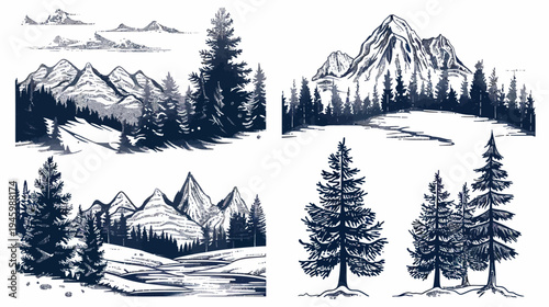 Stylized monochrome drawings of mountain landscapes with coniferous trees and bodies of water