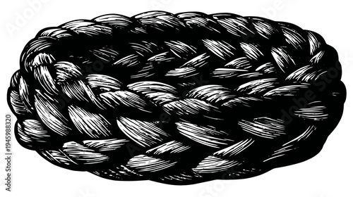 A black and white illustration of woven texture, in oval shape, made with brush strokes