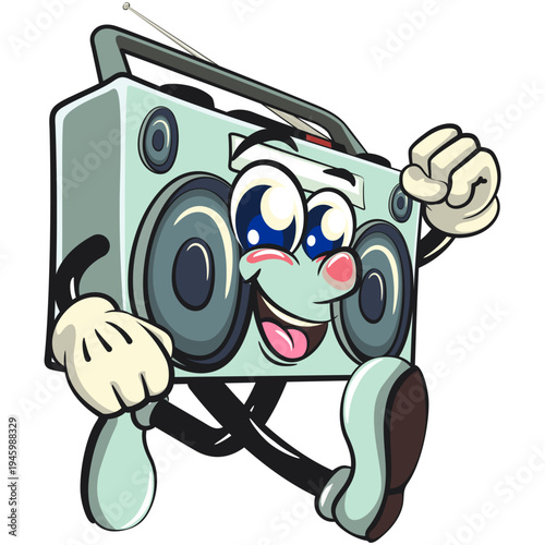 cute retro boombox radio mascot character walking, isolated vector illustration, work of hand drawn