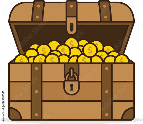 An engaging flat vector illustration of a classic open wooden treasure chest overflowing with shiny gold coins, ideal for concepts around wealth discovery, jackpots, and massive ROI