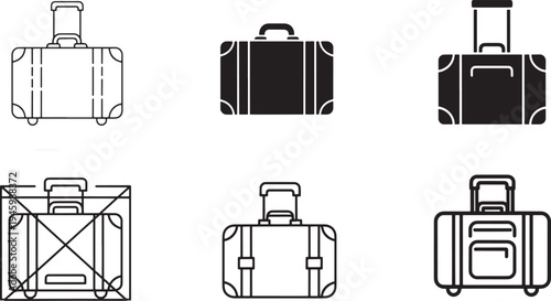 Minimalist black and white vector illustration of six stylish luggage suitcases, perfect for travel, business, or vacation designs with a clean, scalable look.