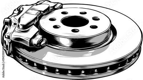 Monochrome illustration of a vehicle's brake disc with caliper, showcasing engineering detail