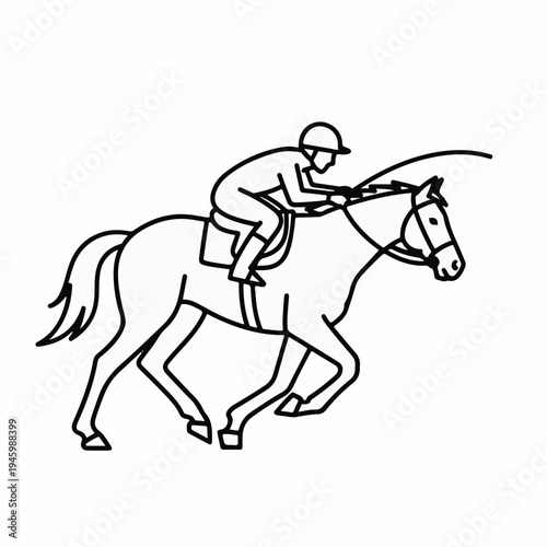 Black outline vector illustration of a jockey riding a racehorse, depicting equestrian sport and horse racing activity, isolated on a white background for web, print, and design projects.